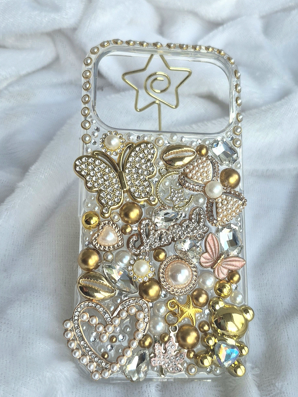 Iph 17  PRO Luxury Gold & Pearl Decorative Phone Case - Clear- Hard PC back
